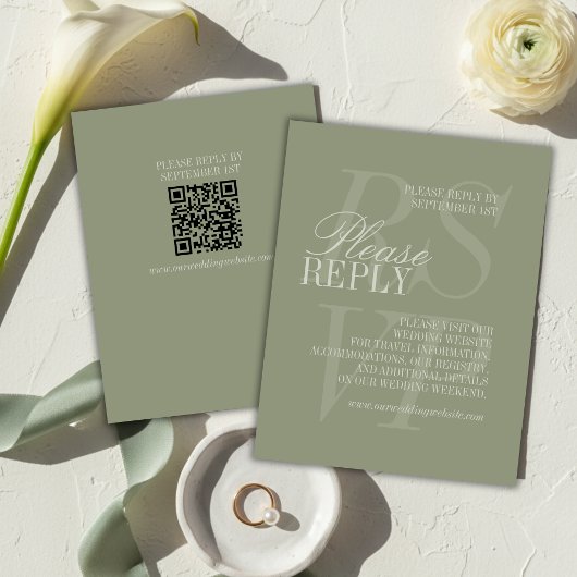 Moderne Script Sage Groene QR Formele Trouw RSVP Kaartje
