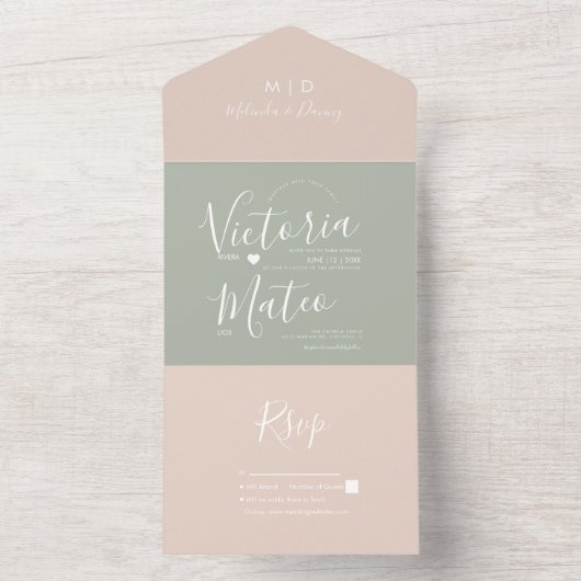 Moderne Script Sage Roze Trouw  All In One Uitnodiging (Binnen)