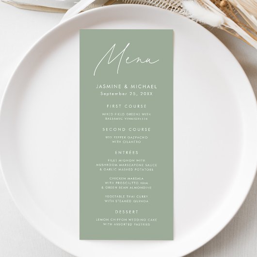 Moderne Script Salie Groene Trouwdag Menu