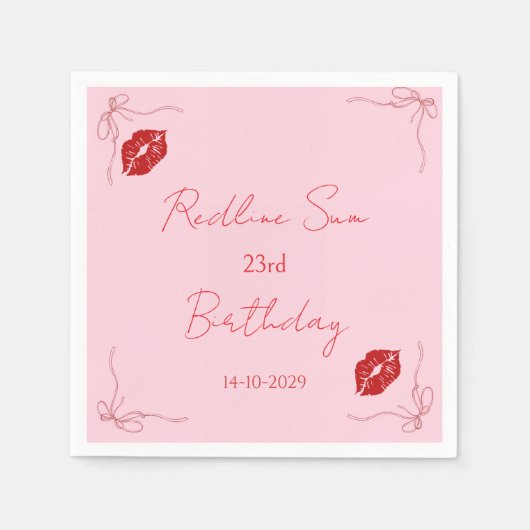 Moderne Script Sassy Roze Strik Verjaardags Welkom Servet (Voorkant)