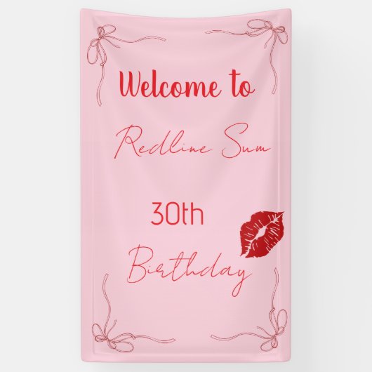 Moderne Script Sassy Roze Strik Verjaardags Welkom Spandoek (Verticaal)