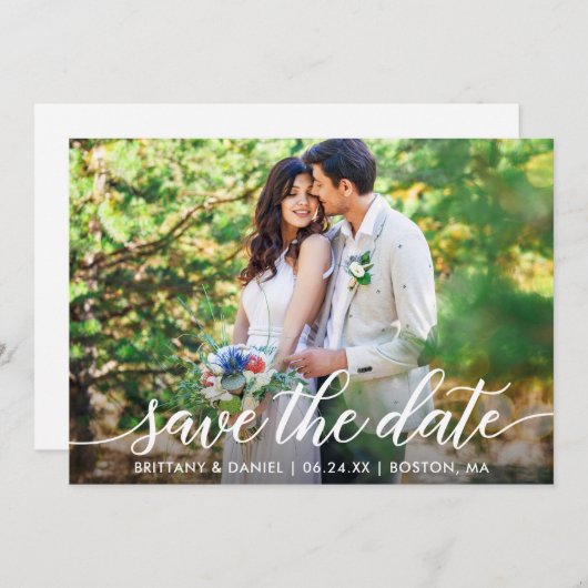 Moderne Script Save The Date Foto Met Kaart (Voorkant / Achterkant)