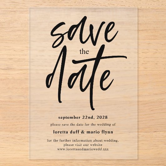 Moderne Script Save the date Frosted Acryl Uitnodigingen (Voorkant)