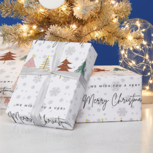 Moderne script, schattige patroonbomen en sneeuwvl cadeaupapier