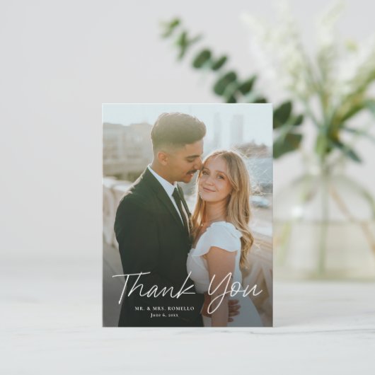 Moderne Script Simpele Foto Bruiloft Bedankt Briefkaart (Staand voorkant)