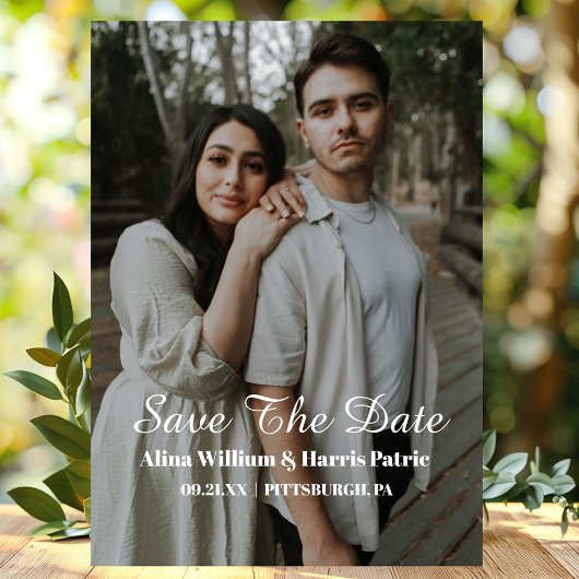 Moderne Script Simpele Foto Save The Date Kaart Magnetische Uitnodiging