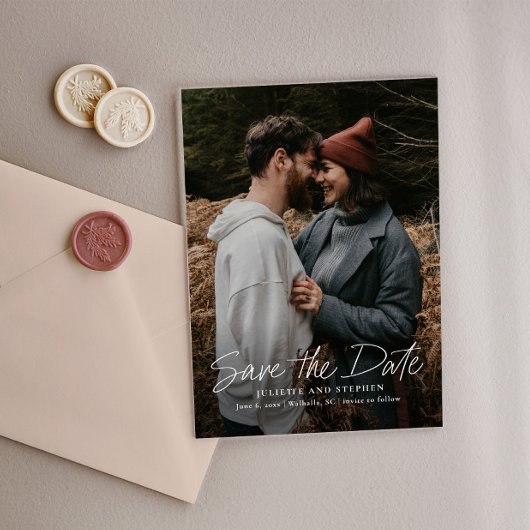Moderne Script Simpele Trouwfoto Save the Date Acryl Uitnodigingen