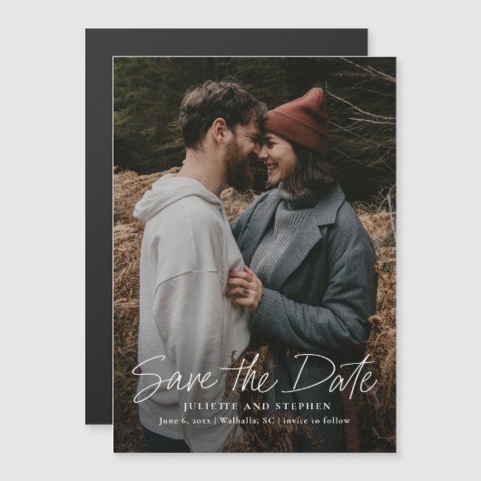 Moderne Script Simpele Trouwfoto Save The Date Magnetische Uitnodiging (Voorkant / Achterkant)