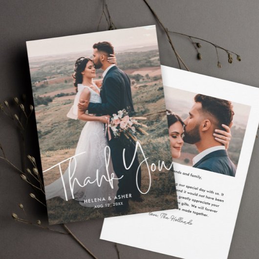 Moderne script Simple Wedding Photo Bedankkaart