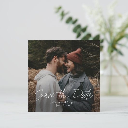 Moderne script Simple Wedding Photo Save The Date (Staand voorkant)