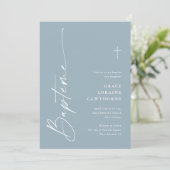 Moderne Script Stof Blauw Boys Franse Doop Kaart (Staand voorkant)
