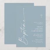 Moderne Script Stof Blauw Boys Franse Doop Kaart (Voorkant / Achterkant)