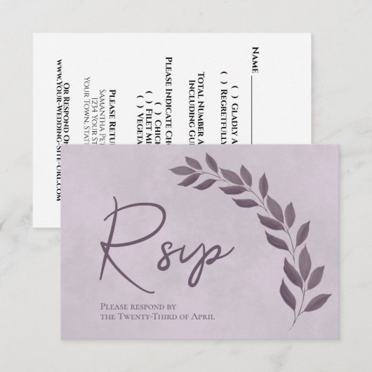 Moderne Script Stof Paars & Pruimenbladeren Bruilo RSVP Kaartje (Voorkant / Achterkant)