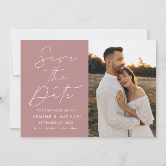 Moderne Script Stof Roze 2 Foto Save The Date (Voorkant)