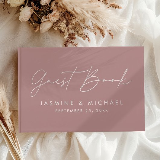 Moderne Script Stof Roze Foto Bruiloft Gastenboek
