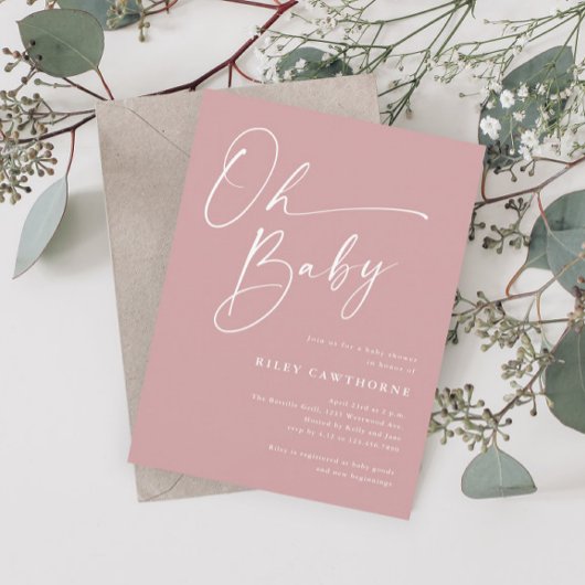 Moderne Script Stof Roze Oh Baby Shower Kaart