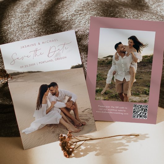 Moderne Script Stof Roze QR Code 2 Foto Save The Date