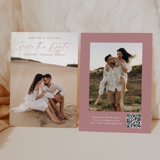 Moderne Script Stof Roze QR Code 2 Foto Save The Date