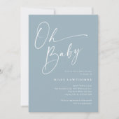 Moderne Script Stofblauw Foto Baby Shower Kaart (Voorkant)