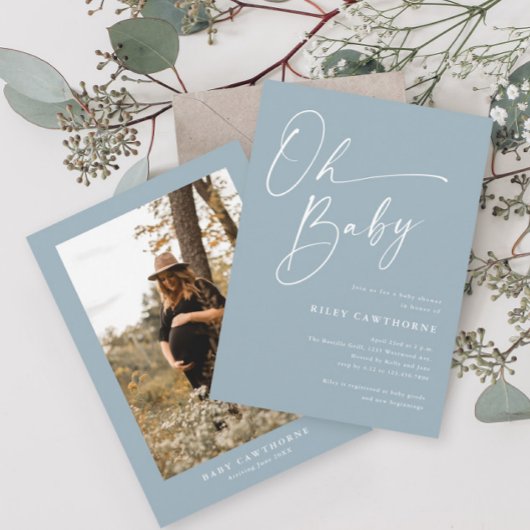 Moderne Script Stofblauw Foto Baby Shower Kaart