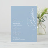 Moderne Script Stofblauwe Jongens Doop Uitnodiging (Staand voorkant)