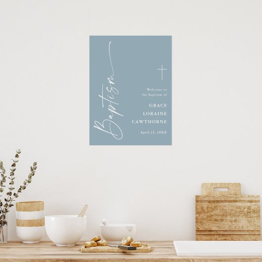 Moderne script Stofblauwe Jongens Doop Welkom Poster (Keuken)