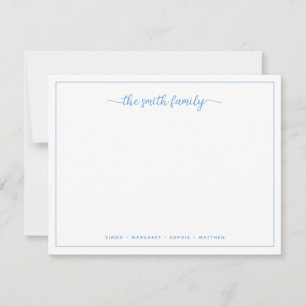 Moderne script stoffige blauwe rand familie schrij notitiekaartje