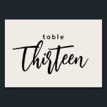Moderne Script Tabel 13 Dertien Off-Wit Huwelijk Kaart<br><div class="desc">Moderne script tabel 13 dertien crèmekleurig tafelnummer voor bruiloft of diner. 13 is geschreven in een trendy chic handlettertype. De achtergrondkleur van dit tafelnummer is bewerkbaar, klik gewoon op de knop om verder aan te passen en kies elke gewenste kleur. Een stijlvol en toch eenvoudig ontwerp in zwart en crèmekleurig...</div>