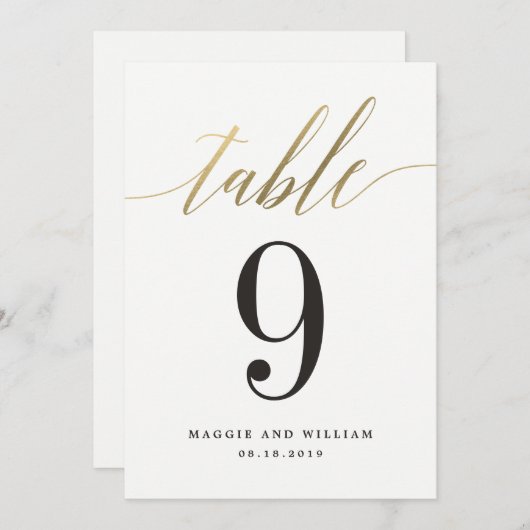 Moderne Script Table Number Card Faux Gold Kaart (Voorkant / Achterkant)