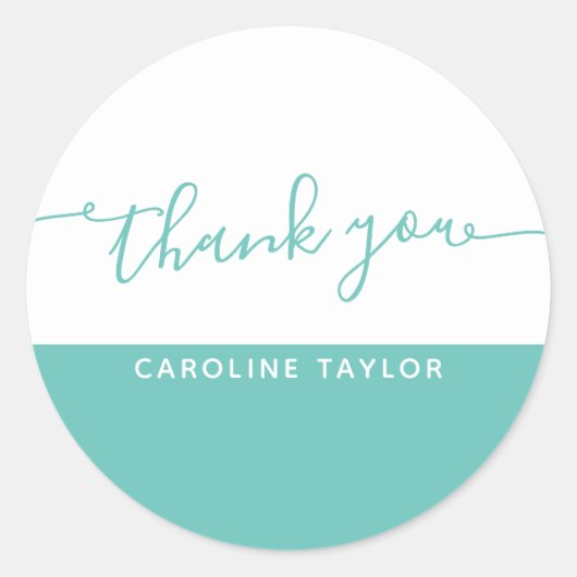 Moderne Script Teal & Wit Bedankt Ronde Sticker (Voorkant)