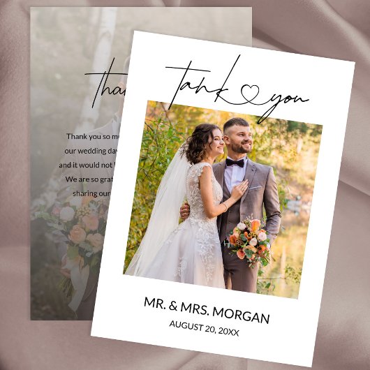 Moderne Script Tekst met Hart en Foto | Bruiloft Bedankkaart
