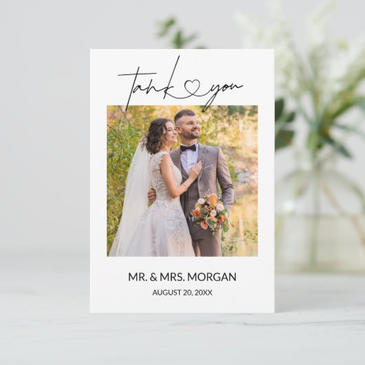 Moderne Script Tekst met Hart en Foto | Bruiloft Bedankkaart (Staand voorkant)