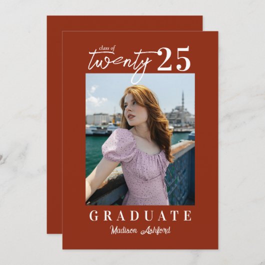 Moderne Script Terracotta Foto Graduation Party Kaart (Voorkant / Achterkant)