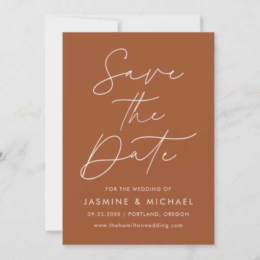 Moderne Script Terracotta Foto Save The Date (Voorkant)