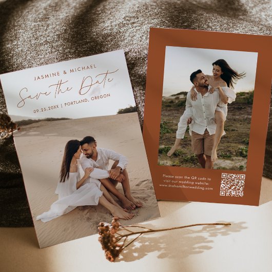 Moderne Script Terracotta QR Code 2 Foto Save The Date