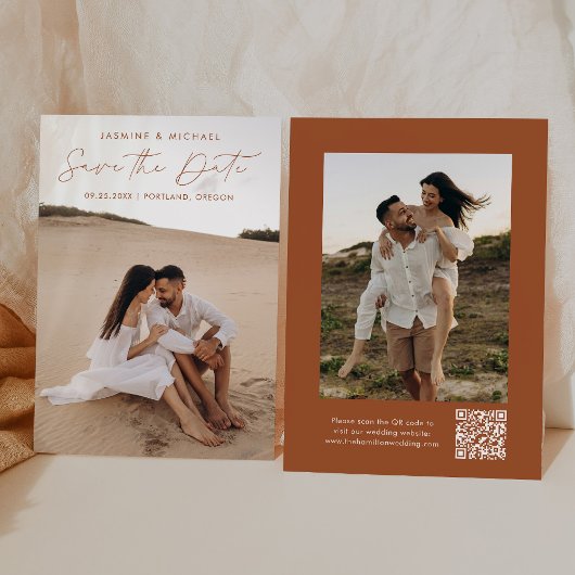 Moderne Script Terracotta QR Code 2 Foto Save The Date