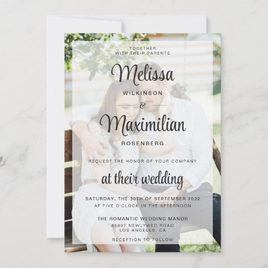 Moderne script transparante foto eenvoudige bruilo kaart (Voorkant)