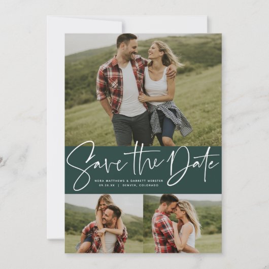 Moderne script trendy drie foto groen save the date (Voorkant)