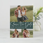 Moderne script trendy drie foto groen save the date (Staand voorkant)