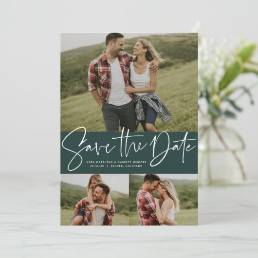 Moderne script trendy drie foto groen save the date (Staand voorkant)