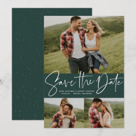 Moderne script trendy drie foto groen save the date