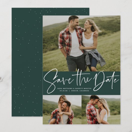 Moderne script trendy drie foto groen save the date (Voorkant / Achterkant)