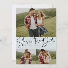 Moderne script trendy drie foto lichtblauw save the date