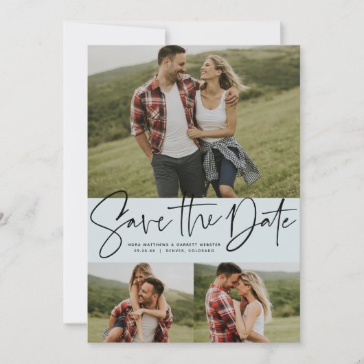 Moderne script trendy drie foto lichtblauw save the date (Voorkant)