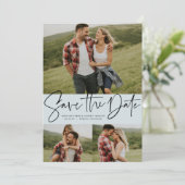 Moderne script trendy drie foto lichtblauw save the date (Staand voorkant)