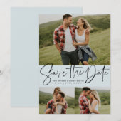 Moderne script trendy drie foto lichtblauw save the date (Voorkant / Achterkant)