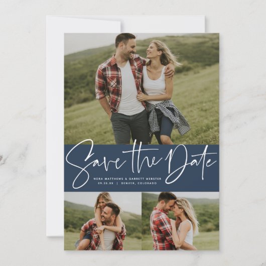 Moderne script trendy drie foto marineblauw save the date (Voorkant)