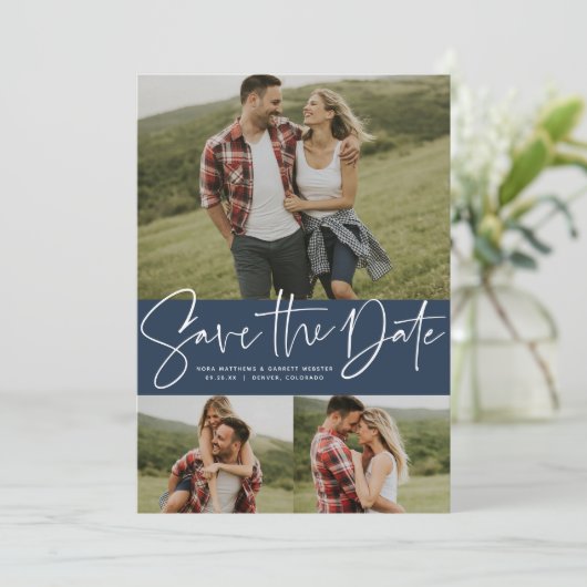 Moderne script trendy drie foto marineblauw save the date (Staand voorkant)