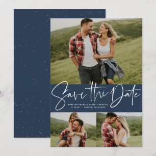 Moderne script trendy drie foto marineblauw save the date