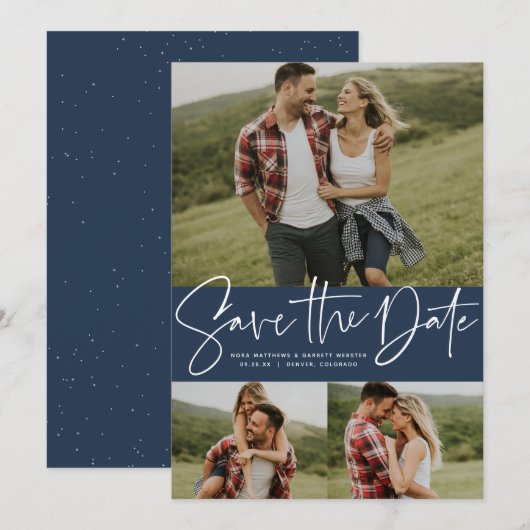 Moderne script trendy drie foto marineblauw save the date (Voorkant / Achterkant)